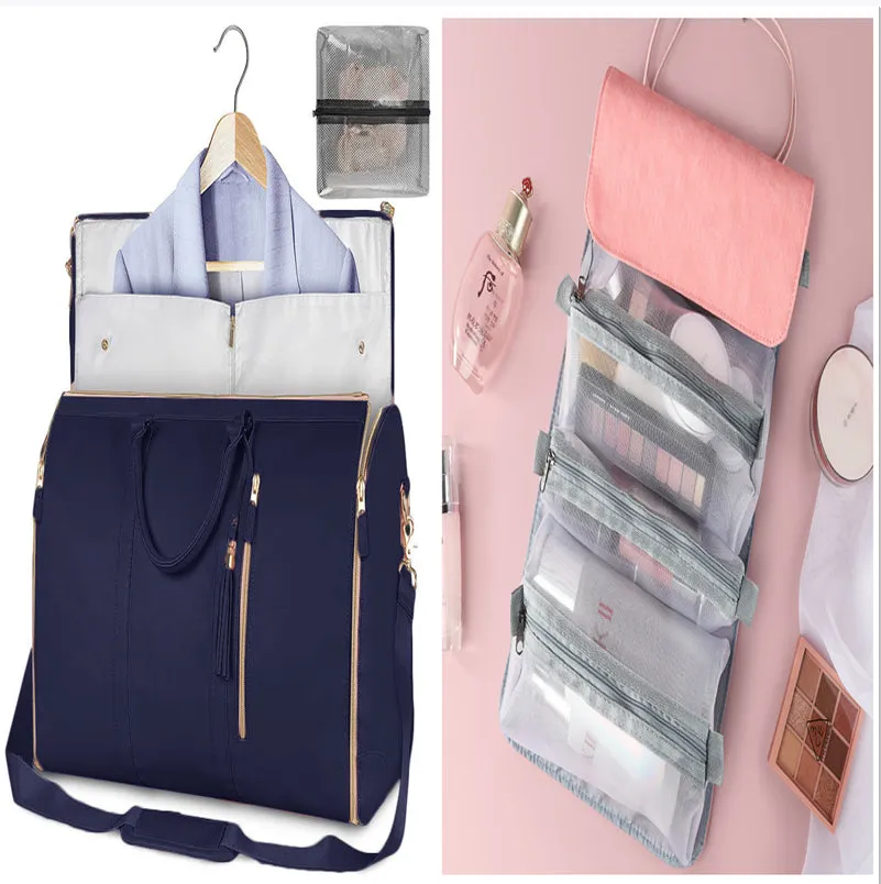 Large capacity waterproof travel duffle bag for women in pink, foldable PU material with contrast stitching and lock detail