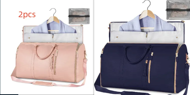 Large capacity waterproof travel duffle bag for women in pink, foldable PU material with contrast stitching and lock detail
