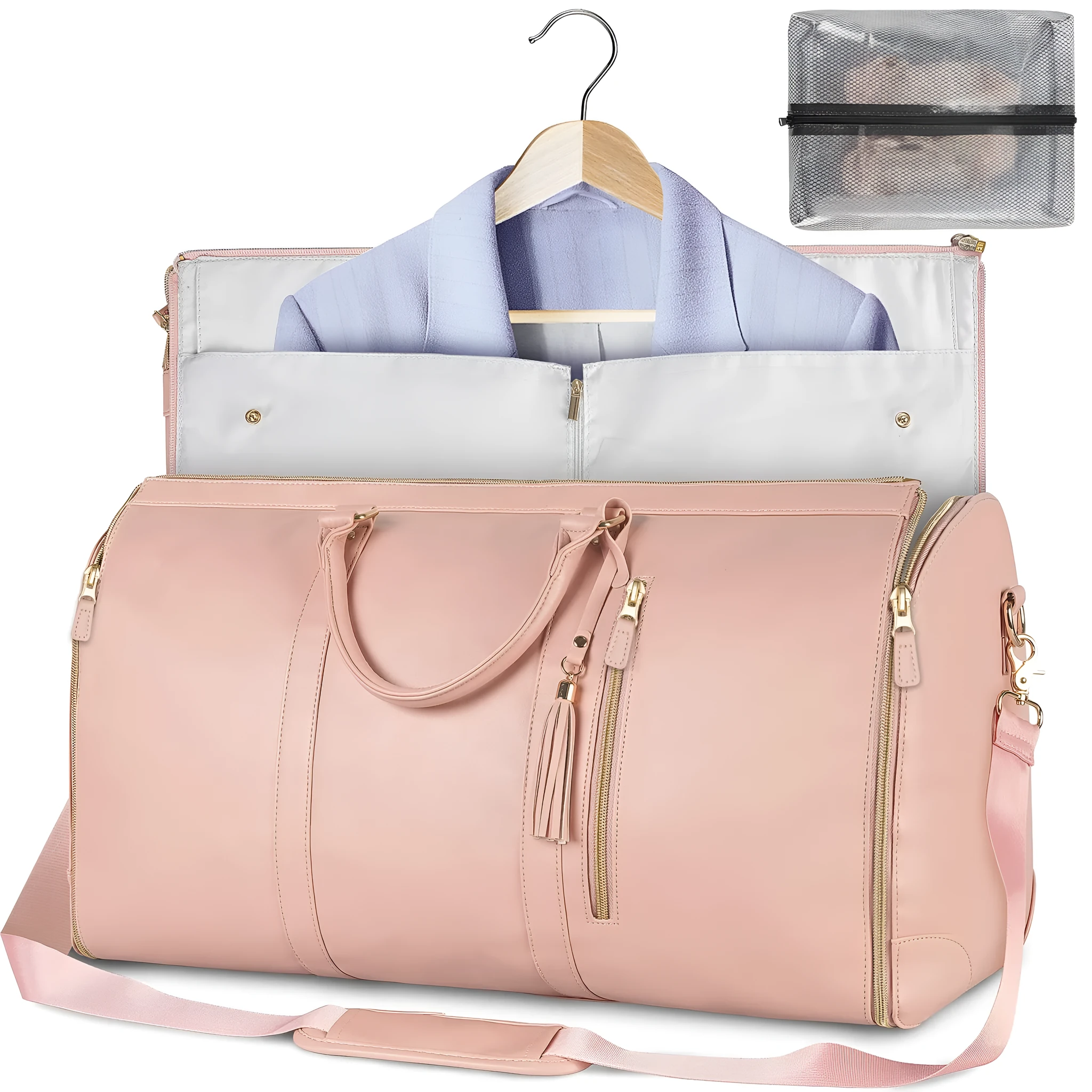 Large capacity waterproof travel duffle bag for women in pink, foldable PU material with contrast stitching and lock detail