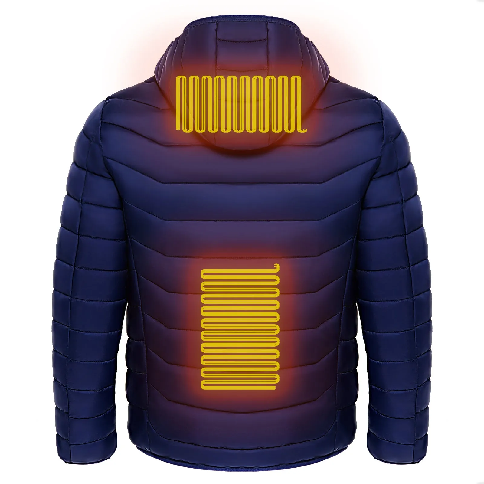 Men heated puffer jacket with 9 heat zones, hood, and long sleeves on a winter ski slope
