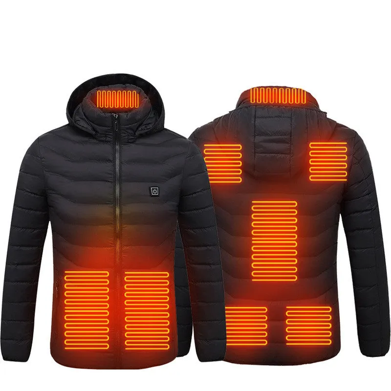 Men heated puffer jacket with 9 heat zones, hood, and long sleeves on a winter ski slope