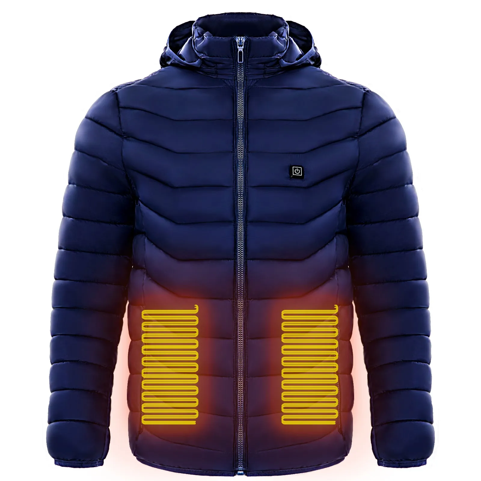 Men heated puffer jacket with 9 heat zones, hood, and long sleeves on a winter ski slope