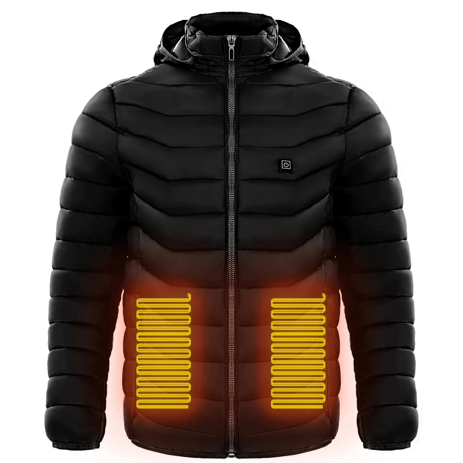 Men heated puffer jacket with 9 heat zones, hood, and long sleeves on a winter ski slope