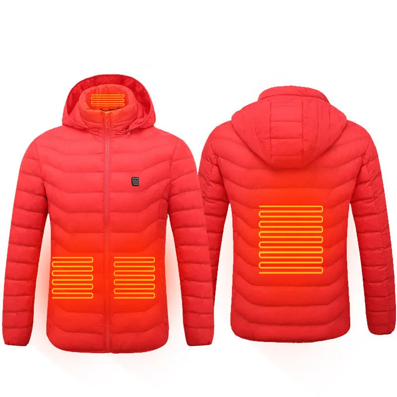 Men heated puffer jacket with 9 heat zones, hood, and long sleeves on a winter ski slope