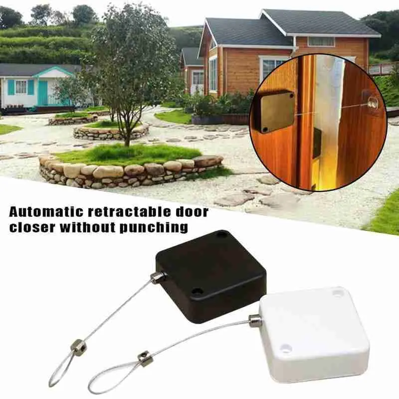 Automatic door closer in black ABS housing with steel wire rope, measuring 63x63x18mm, for sliding doors and glass doors