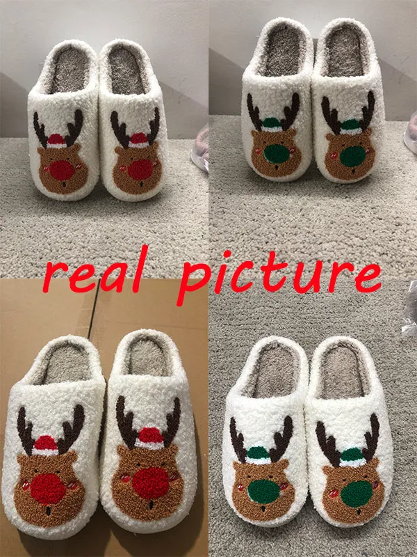 Christmas winter home slippers with elk totem design, plush upper, anti-slip sole, in red and green