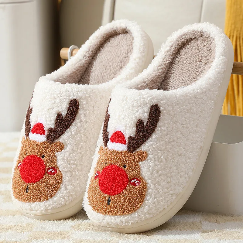 Christmas winter home slippers with elk totem design, plush upper, anti-slip sole, in red and green
