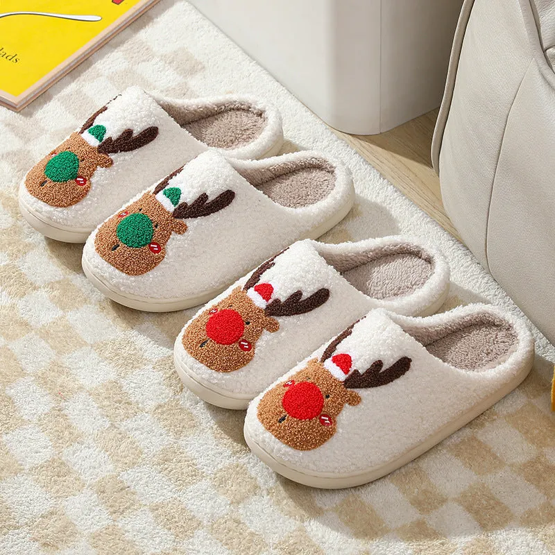 Christmas winter home slippers with elk totem design, plush upper, anti-slip sole, in red and green