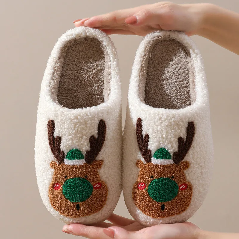 Christmas winter home slippers with elk totem design, plush upper, anti-slip sole, in red and green