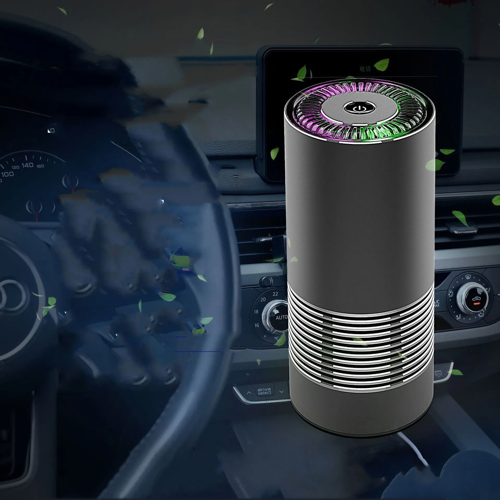 Compact aluminium alloy car wireless air purifier in black, silver, or metallic grey measuring 65mm by 150mm