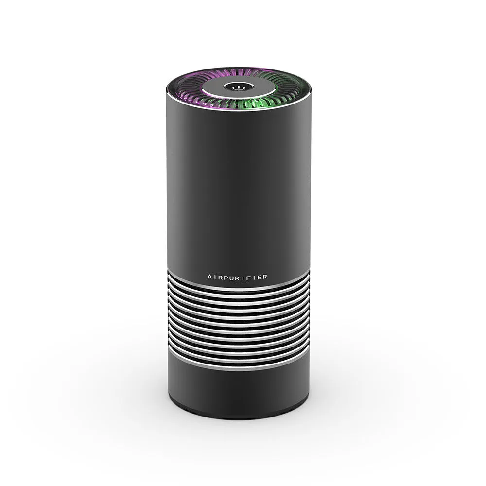 Compact aluminium alloy car wireless air purifier in black, silver, or metallic grey measuring 65mm by 150mm