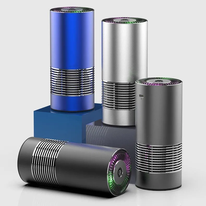 Compact aluminium alloy car wireless air purifier in black, silver, or metallic grey measuring 65mm by 150mm