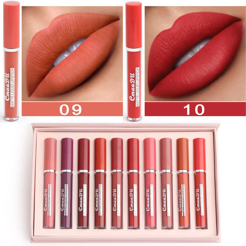 Women's non-stick cup waterproof matte lipstick 10-pack in photo colour with box dimensions 23.8x14.7x2.5 cm