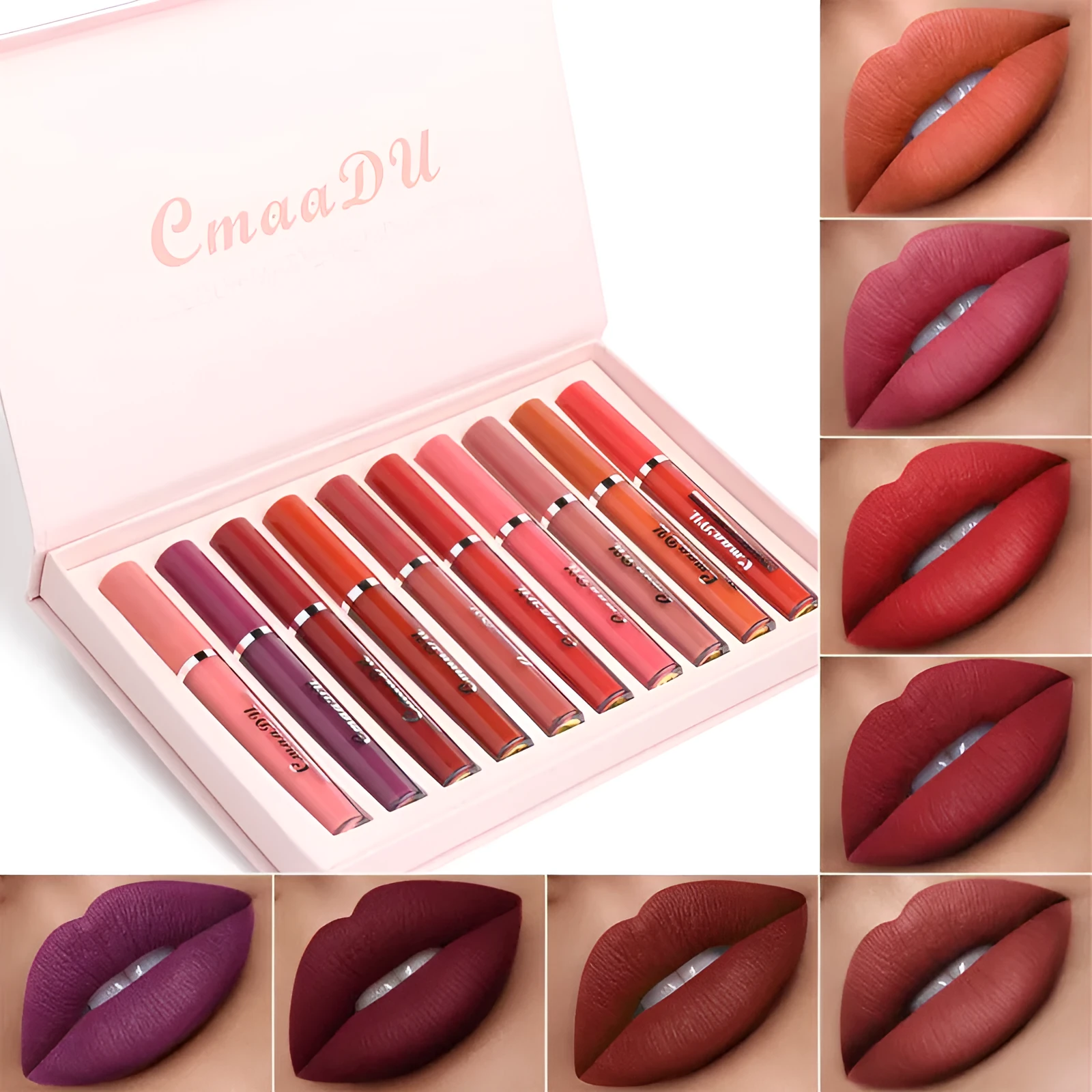 Women's non-stick cup waterproof matte lipstick 10-pack in photo colour with box dimensions 23.8x14.7x2.5 cm