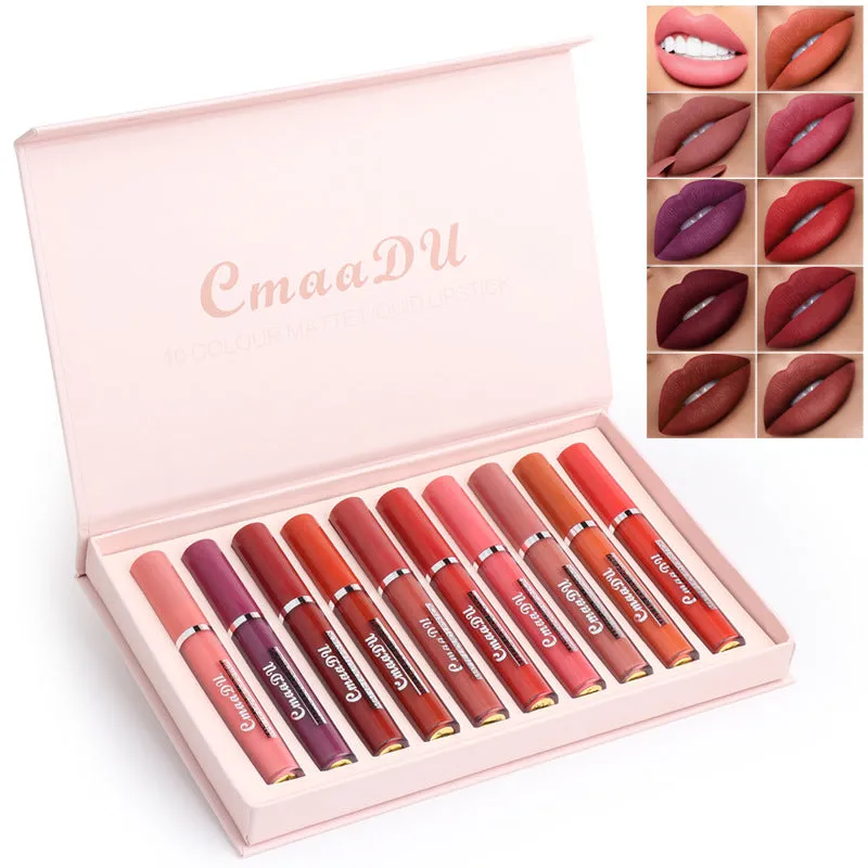 Women's non-stick cup waterproof matte lipstick 10-pack in photo colour with box dimensions 23.8x14.7x2.5 cm