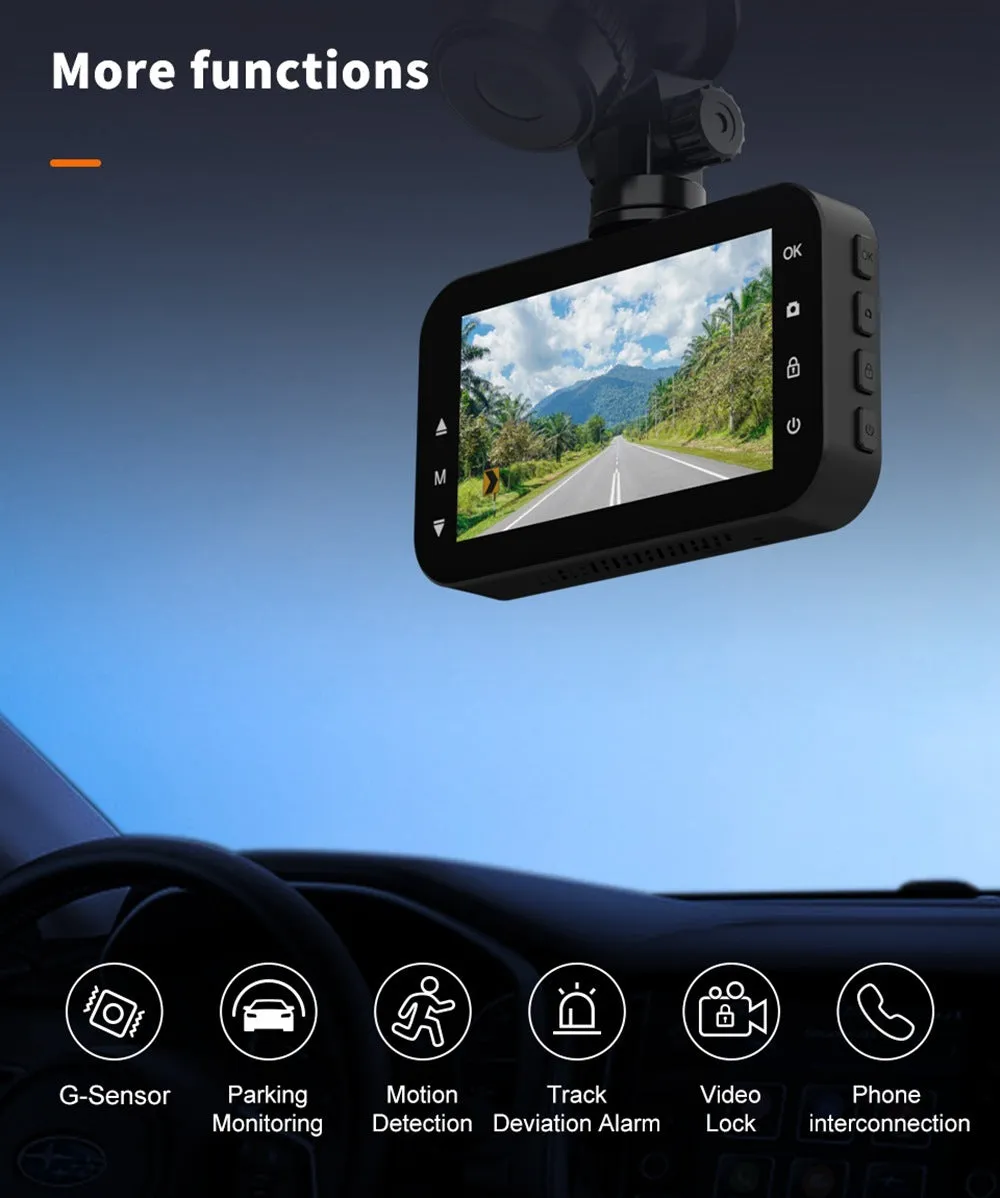 ThiEYE front and rear car dash cam system with 3-inch screen shown on a windscreen