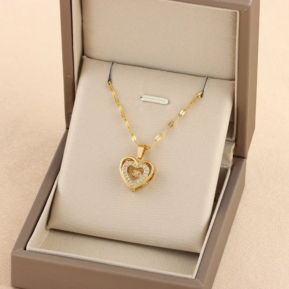Double-layer love necklace with heart-shaped rhinestone pendant, titanium steel chain, electroplated 8018 Smart Love colour, adjustable 40+5cm length