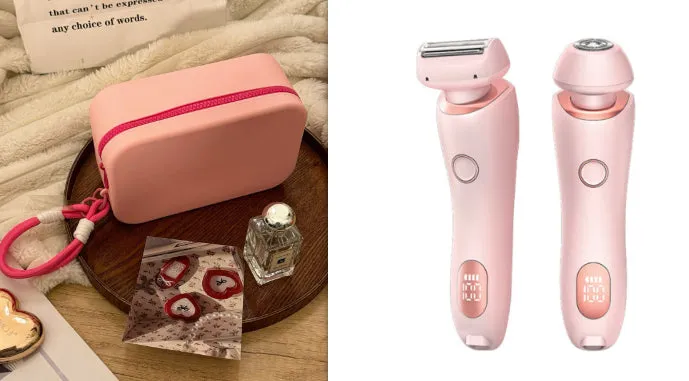 2-in-1 USB rechargeable electric shaver for women with square and round heads, pink colour, for whole body hair removal