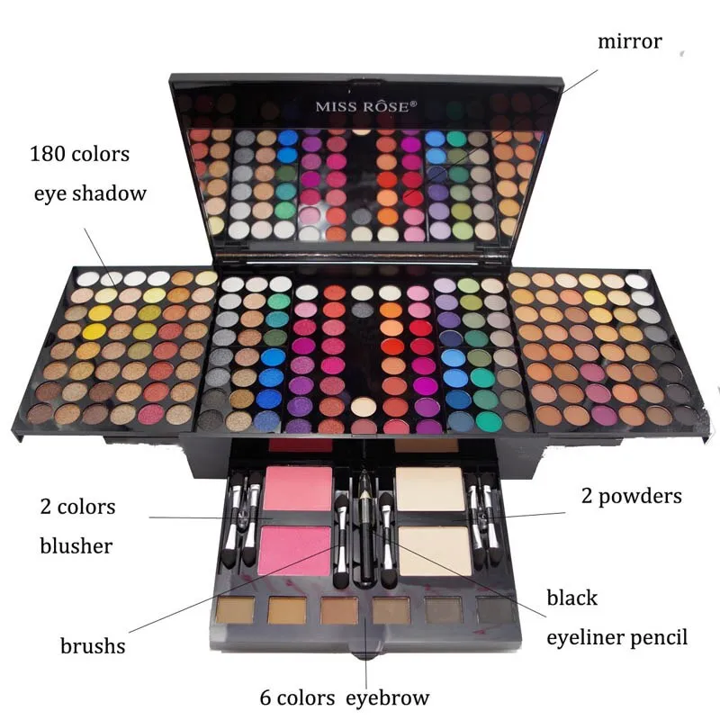 Piano-shaped makeup palette with 190 colour pans including eyeshadows, blush, and face powder