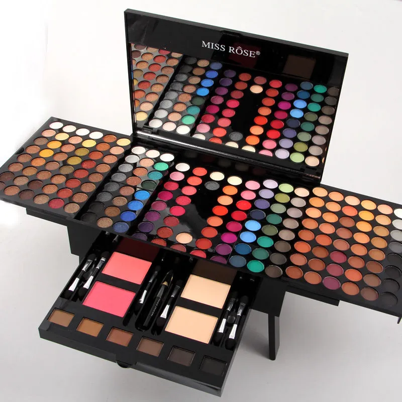 Piano-shaped makeup palette with 190 colour pans including eyeshadows, blush, and face powder