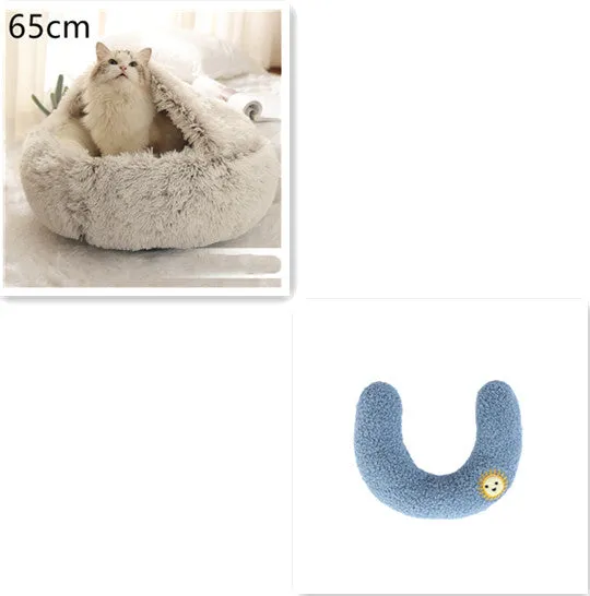 2 in 1 round plush pet bed with PP cotton filling for dogs and cats, available in brown, 65cm size