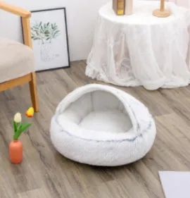 2 in 1 round plush pet bed with PP cotton filling for dogs and cats, available in brown, 65cm size