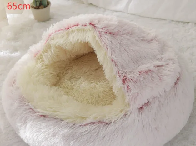 2 in 1 round plush pet bed with PP cotton filling for dogs and cats, available in brown, 65cm size