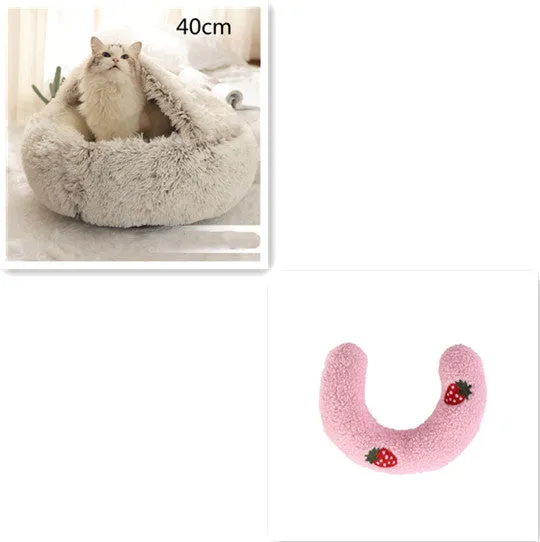 2 in 1 round plush pet bed with PP cotton filling for dogs and cats, available in brown, 65cm size
