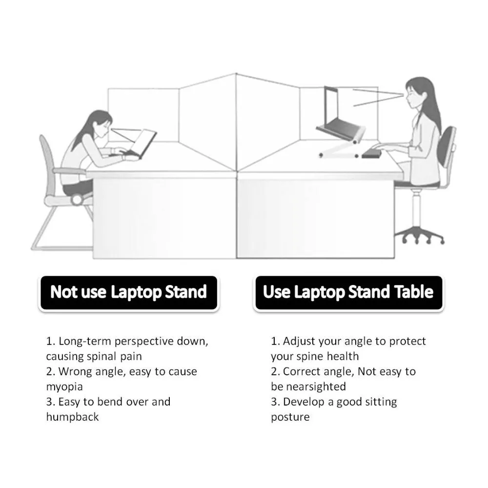 Foldable laptop stand in black with 360 degree adjustable angle on a desk