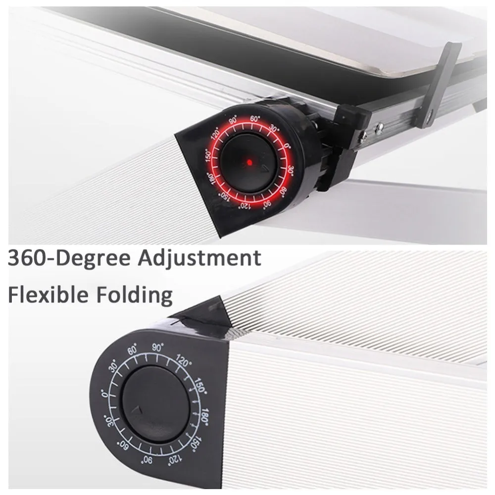 Foldable laptop stand in black with 360 degree adjustable angle on a desk