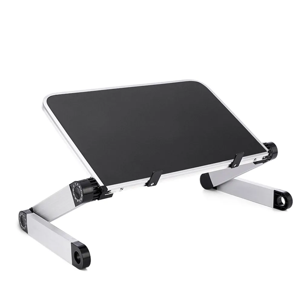 Foldable laptop stand in black with 360 degree adjustable angle on a desk