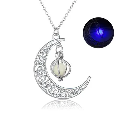 Fashion moon pendant necklace with glowing fluorite stone on bamboo chain, alloy and copper, sky blue colour