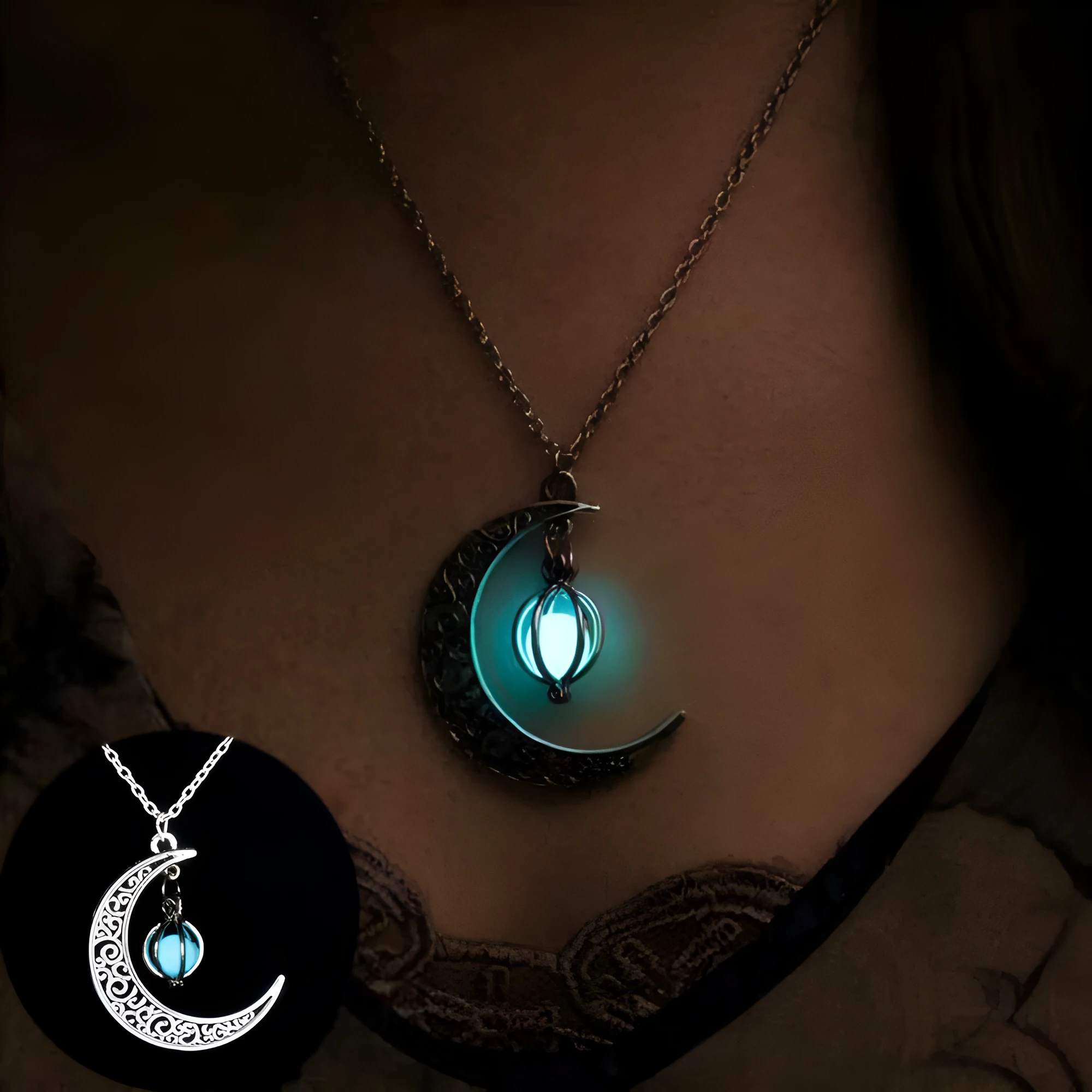 Fashion moon pendant necklace with glowing fluorite stone on bamboo chain, alloy and copper, sky blue colour
