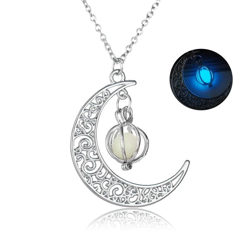 Fashion moon pendant necklace with glowing fluorite stone on bamboo chain, alloy and copper, sky blue colour
