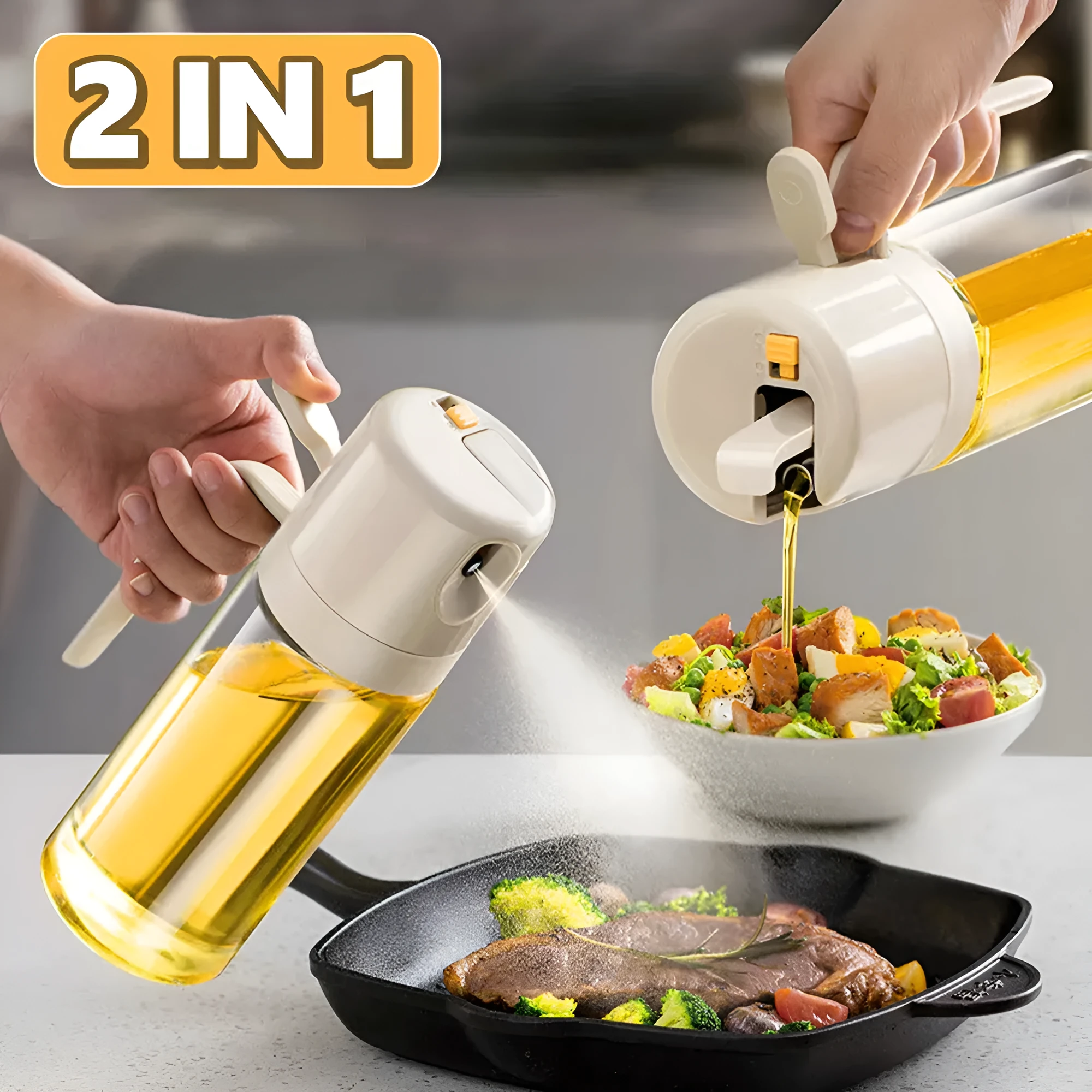 2 in 1 oil sprayer bottle 550ml warm grey soda-lime glass with automatic opening and closing for cooking and BBQ