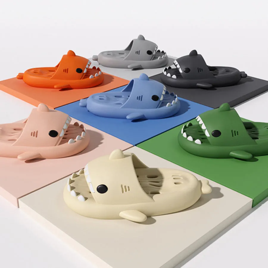 Shark slippers with drain holes, EVA quick-drying pool slides, non-slip sole, open-toe design, unisex shower shoes
