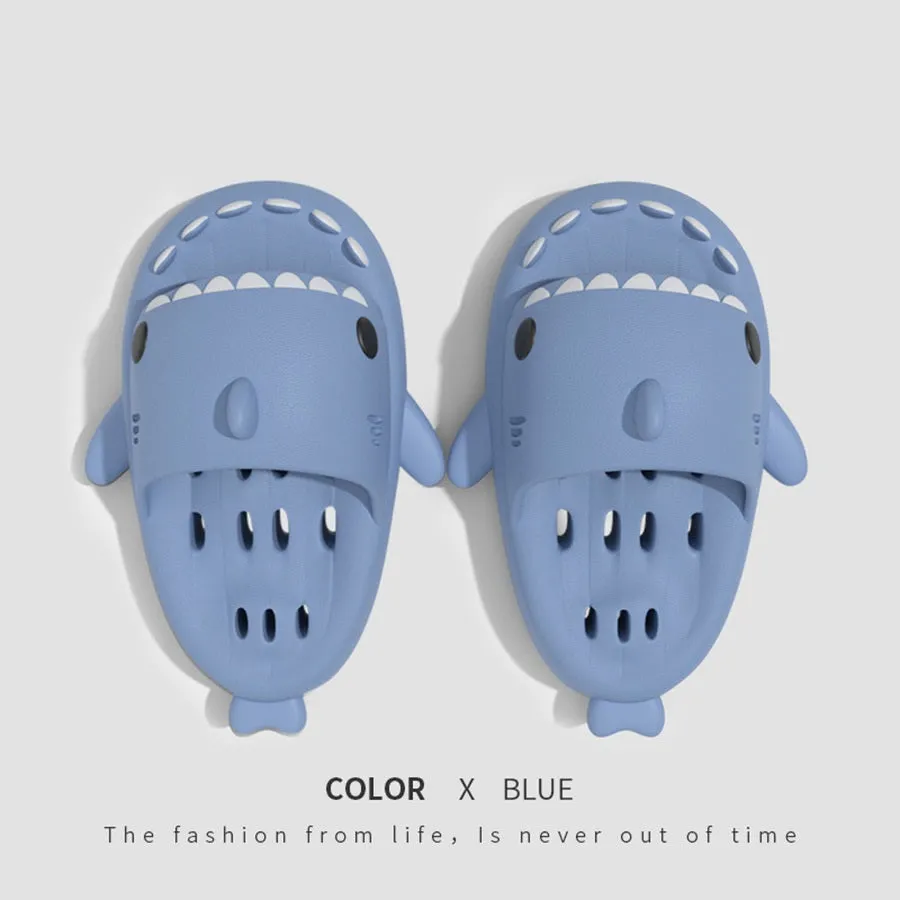 Shark slippers with drain holes, EVA quick-drying pool slides, non-slip sole, open-toe design, unisex shower shoes