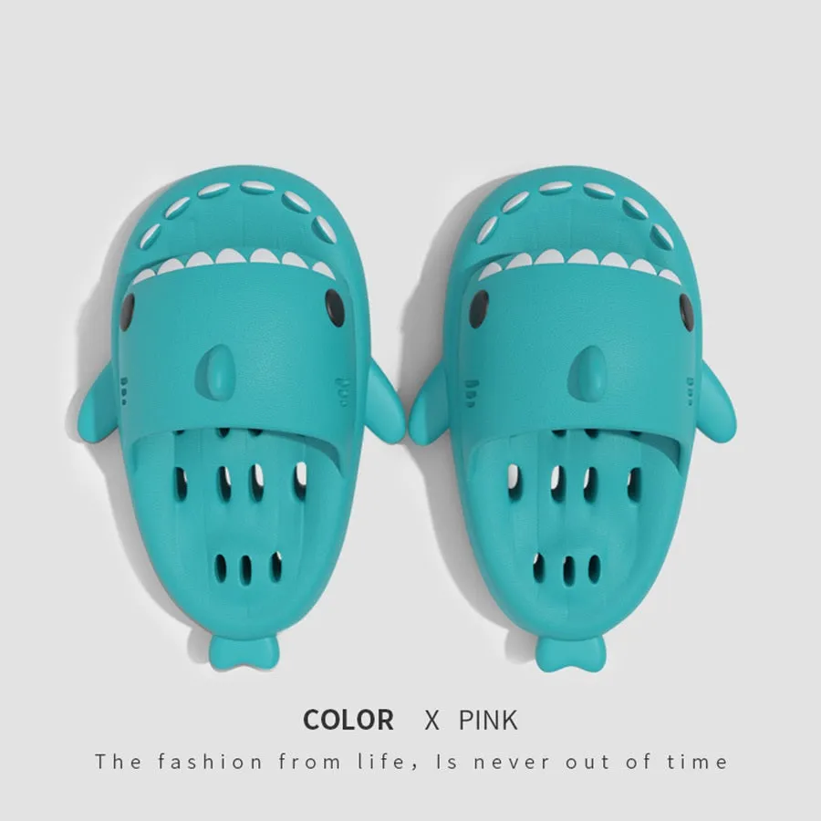 Shark slippers with drain holes, EVA quick-drying pool slides, non-slip sole, open-toe design, unisex shower shoes