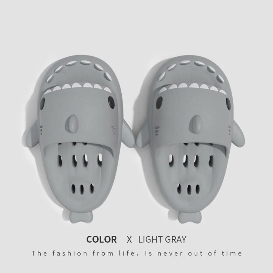 Shark slippers with drain holes, EVA quick-drying pool slides, non-slip sole, open-toe design, unisex shower shoes