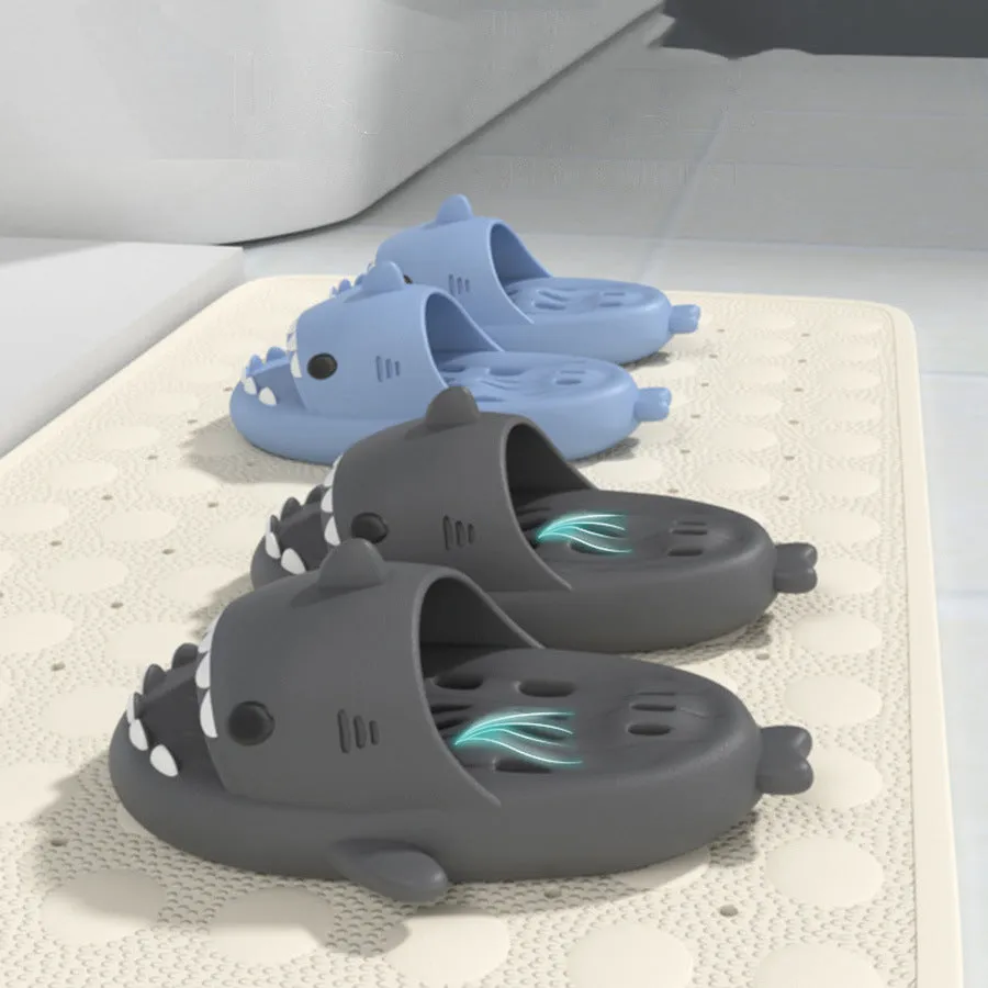 Shark slippers with drain holes, EVA quick-drying pool slides, non-slip sole, open-toe design, unisex shower shoes