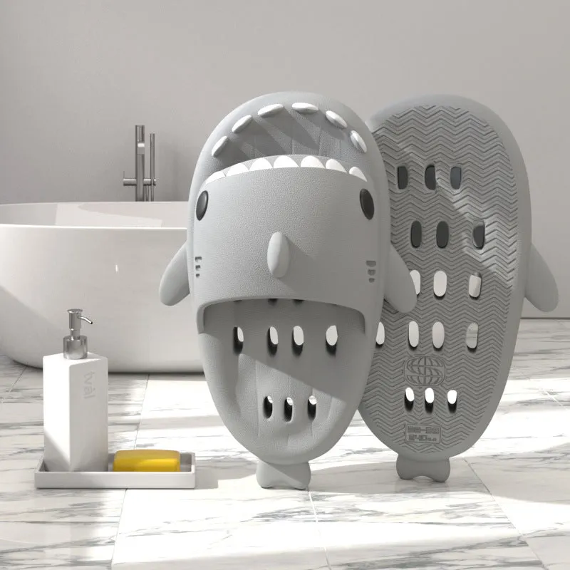 Shark slippers with drain holes, EVA quick-drying pool slides, non-slip sole, open-toe design, unisex shower shoes
