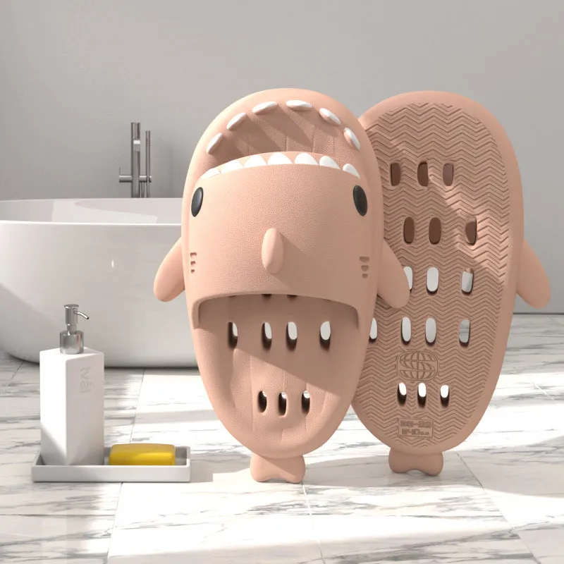 Shark slippers with drain holes, EVA quick-drying pool slides, non-slip sole, open-toe design, unisex shower shoes