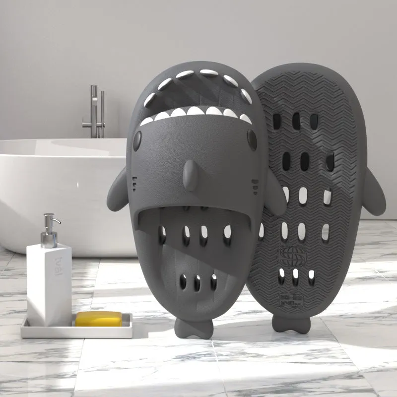 Shark slippers with drain holes, EVA quick-drying pool slides, non-slip sole, open-toe design, unisex shower shoes