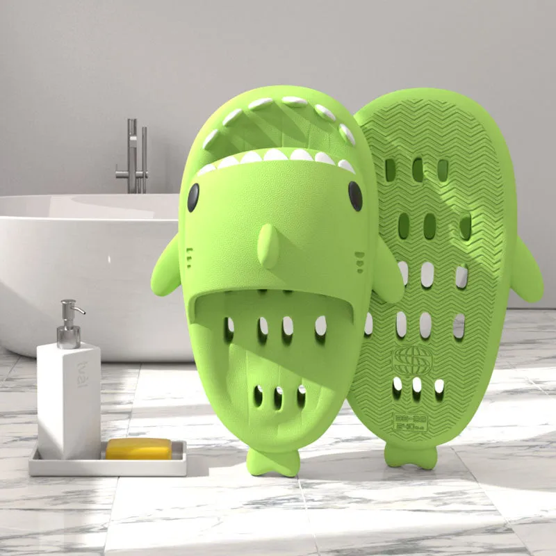 Shark slippers with drain holes, EVA quick-drying pool slides, non-slip sole, open-toe design, unisex shower shoes