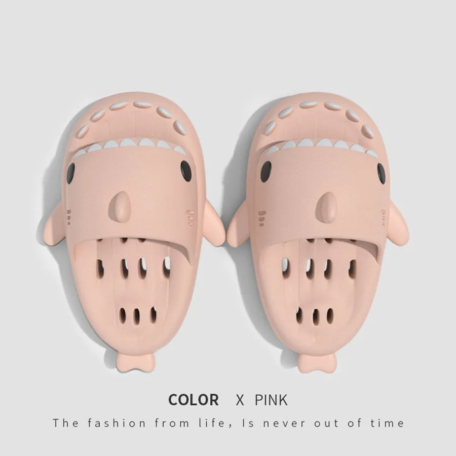 Shark slippers with drain holes, EVA quick-drying pool slides, non-slip sole, open-toe design, unisex shower shoes