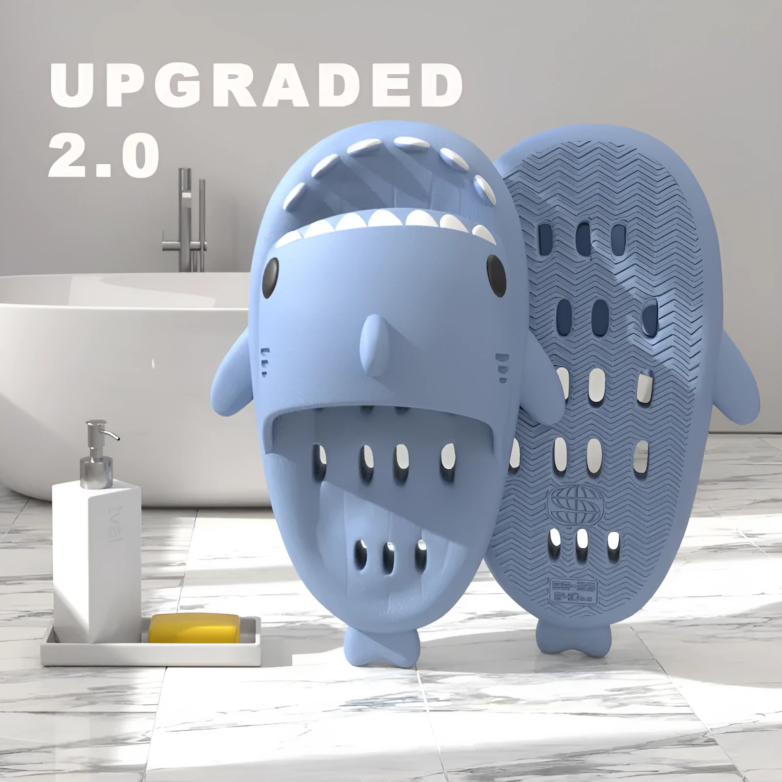 Shark slippers with drain holes, EVA quick-drying pool slides, non-slip sole, open-toe design, unisex shower shoes