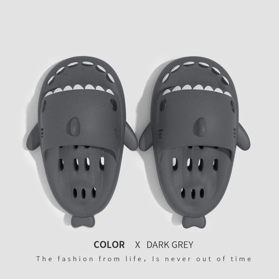 Shark slippers with drain holes, EVA quick-drying pool slides, non-slip sole, open-toe design, unisex shower shoes