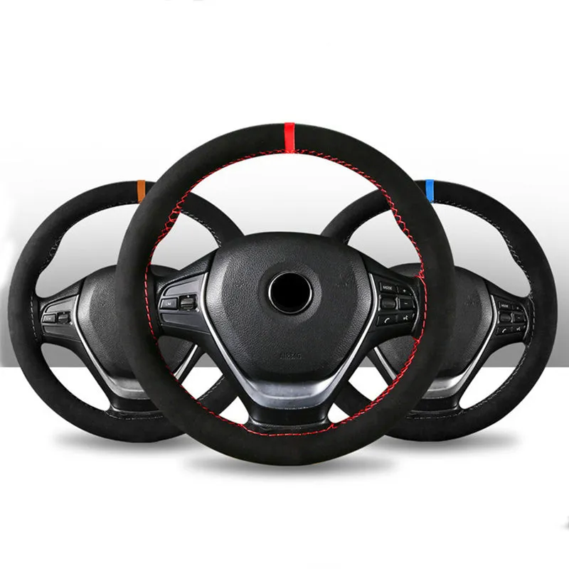 Black microfiber steering wheel cover with contrasting red stitch on 38cm diameter wheel