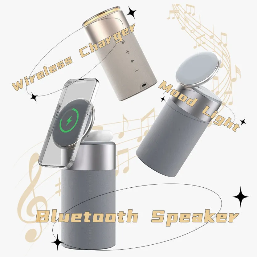 3-in-1 wireless charger Bluetooth speaker touch lamp for iPhone and AirPods in Gold colour on desk