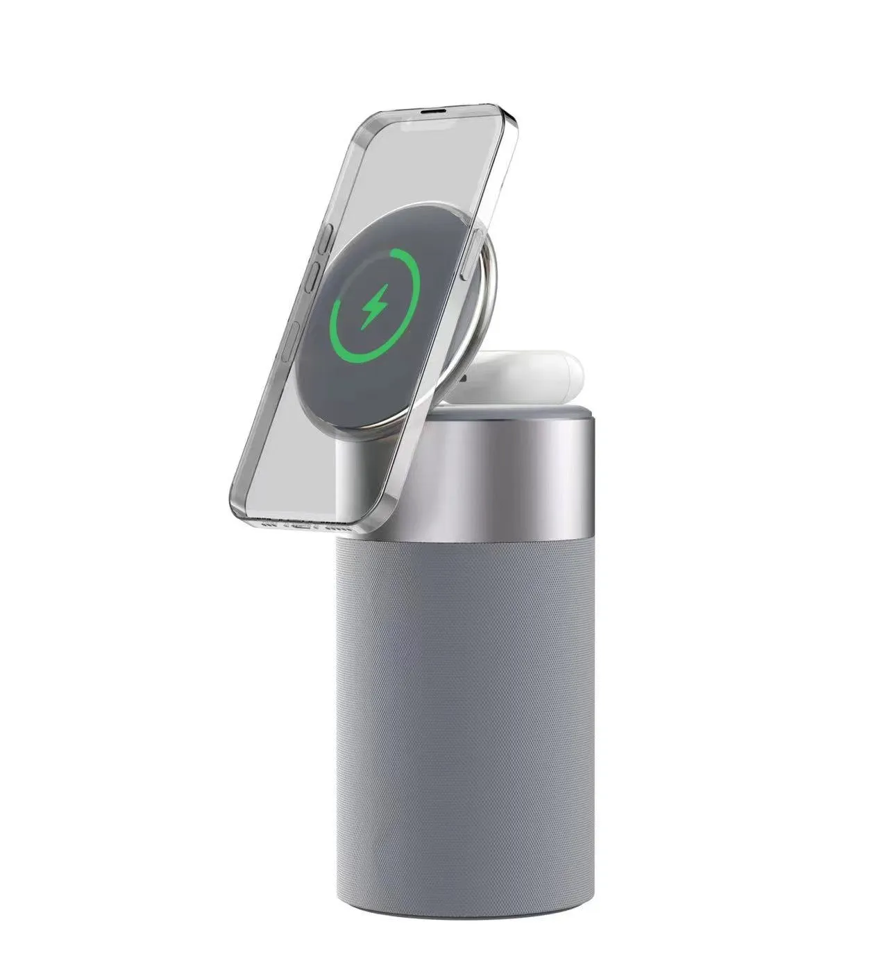3-in-1 wireless charger Bluetooth speaker touch lamp for iPhone and AirPods in Gold colour on desk